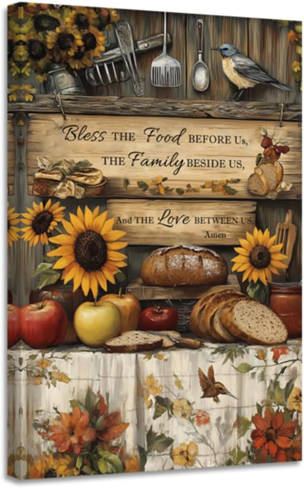 CGXLB Kitchen Pictures Wall Decor Farmhouse Blessing Wall Art Bless the Food Scripture Painting Rustic Canvas Print for Kitchen Dining Room Christian Home Decor 12"x18"