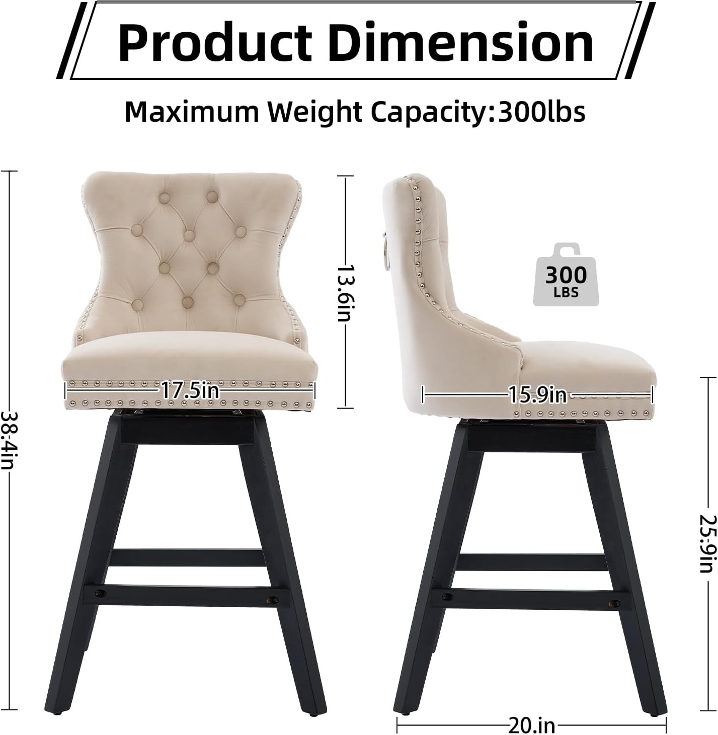 Shenyon Modern Swivel Bar Stools Set of 4, Upholstered Velvet Counter Height Bar Stool with Back, Solid Wood Legs, 26 Inch Seat Height, Kitchen Counter Stools for Kitchen Island, Beige