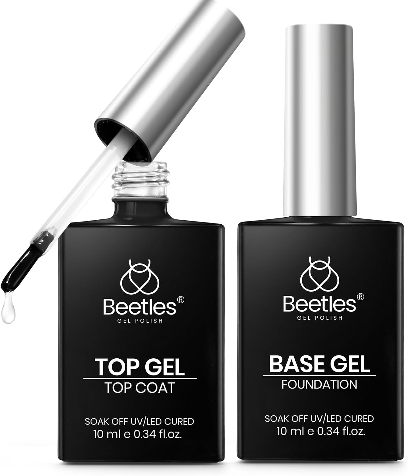 Beetles Gel Base and Top Coat Set, 2pcs 10ml Shine Finish and Long Lasting Top Coat Gel Nail Polish, Soak Off LED Nail Lamp Nail Polish Art Design Home DIY Manicure Gifts for Women