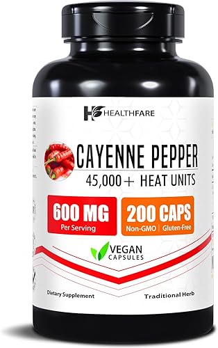 HealthFare Cápsulas de pimienta de cayena de 600 mg | 200 píldoras veganas | 45,000 unidades de calor (HU) | Apoyo cardiovascular, circulación y