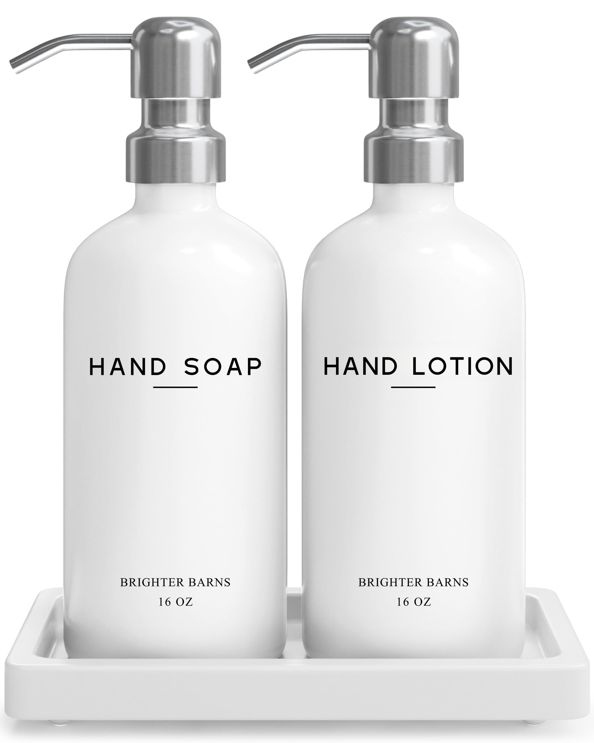 White Glass Soap and Lotion Dispenser Set by Brighter Barns - Bathroom Soap Dispenser Set Tray - Modern Bathroom Accessories for Guest, Hotel, Spa, Restaurant