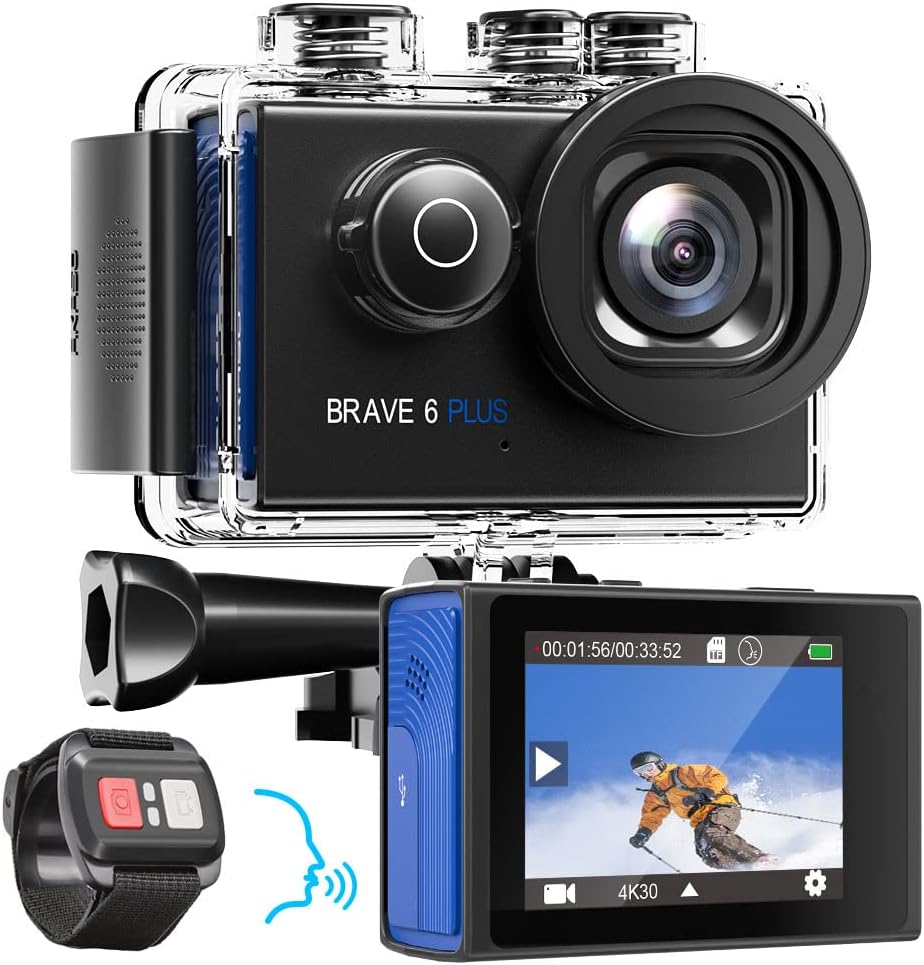 – AKASO Brave 6 Plus Native 4K30FPS 20MP WiFi Action Camera with Touch Screen EIS Voice Control Remote Control 131 Feet Underwater Camera with 2 Batteries and Helmet Accessories Kit
