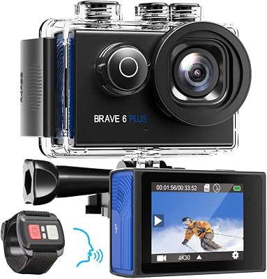 AKASO Cámara de Acción 4K30FPS 20MP WiFi Cámara Deportiva con Pantalla Táctil EIS 40M Cámara Sumergible 4XZoom Control por Voz, Mando a Distancia, 2*1350mAh Kit de Accesorios para Casco (Brave 6 Plus)