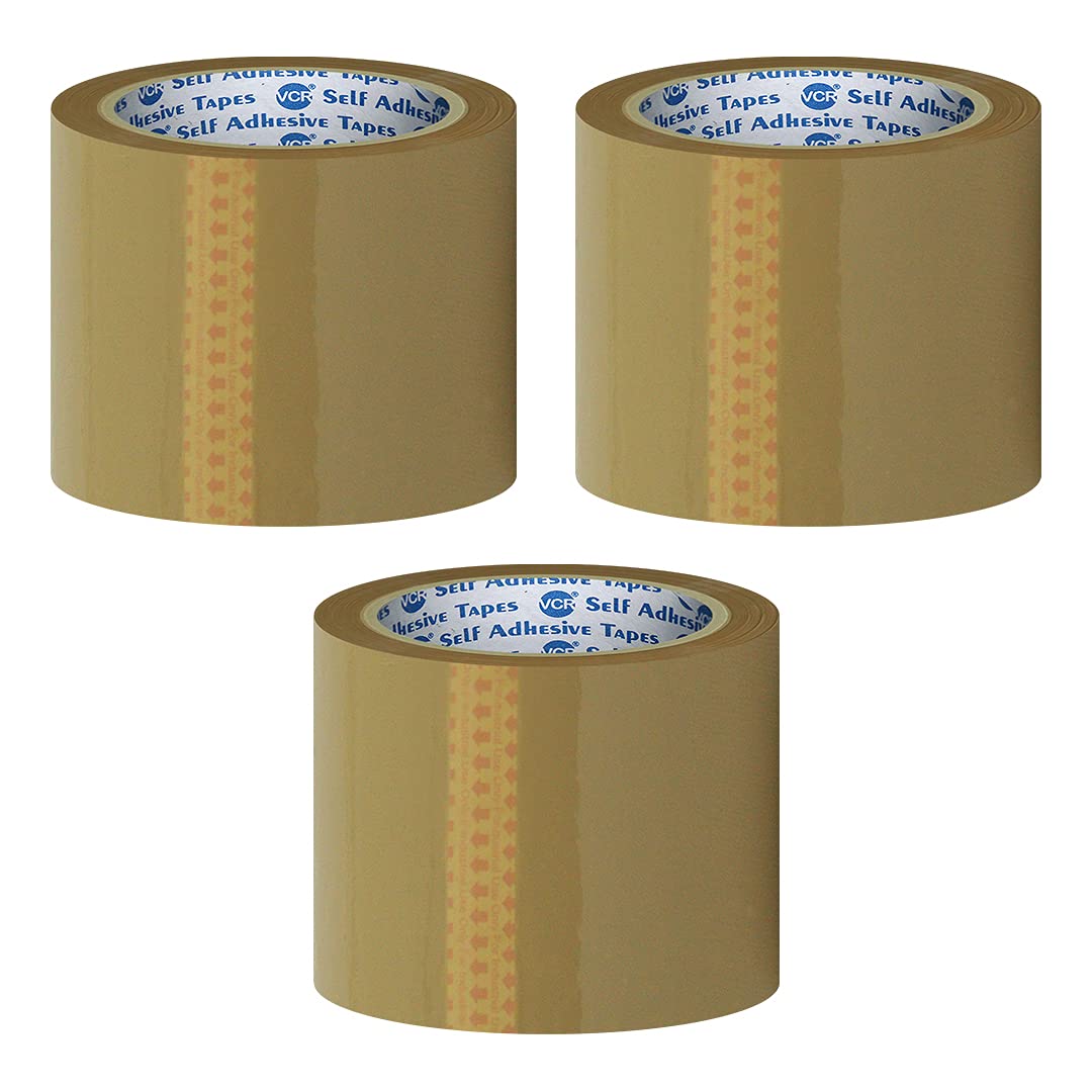 VCR Self Adhesive Brown Cello Tape - 65 Meters in Length - 96mm / 4" Width - 3 Rolls Per Pack - BOPP Industrial Packaging Tape for E-Commerce Box Packing, Office and Home use