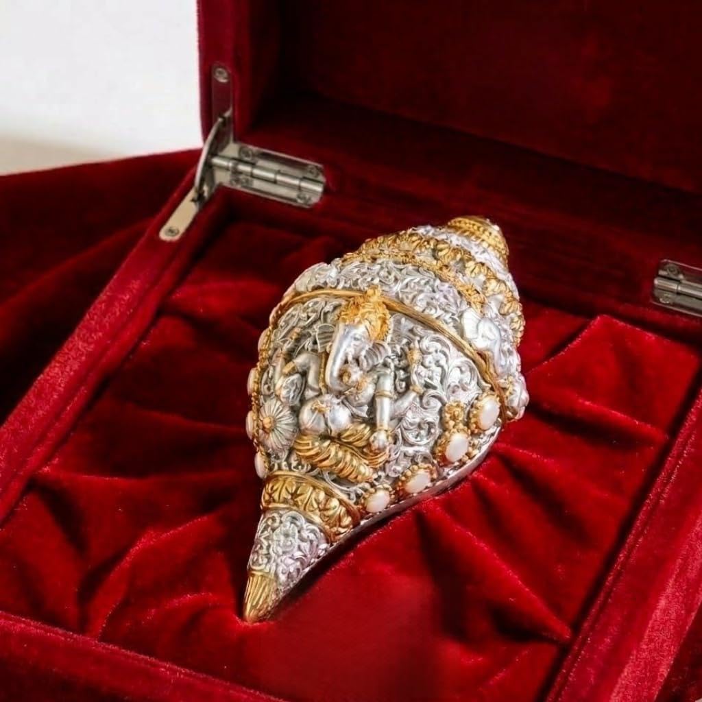 Silver Plated Ganesh Shankh (5 Inch) with Gold Accents and red Velvet Box | Decorative Conch Shell for Pooja, Vastu & Home Decor | Auspicious Gift for Diwali & Wedding-image-18