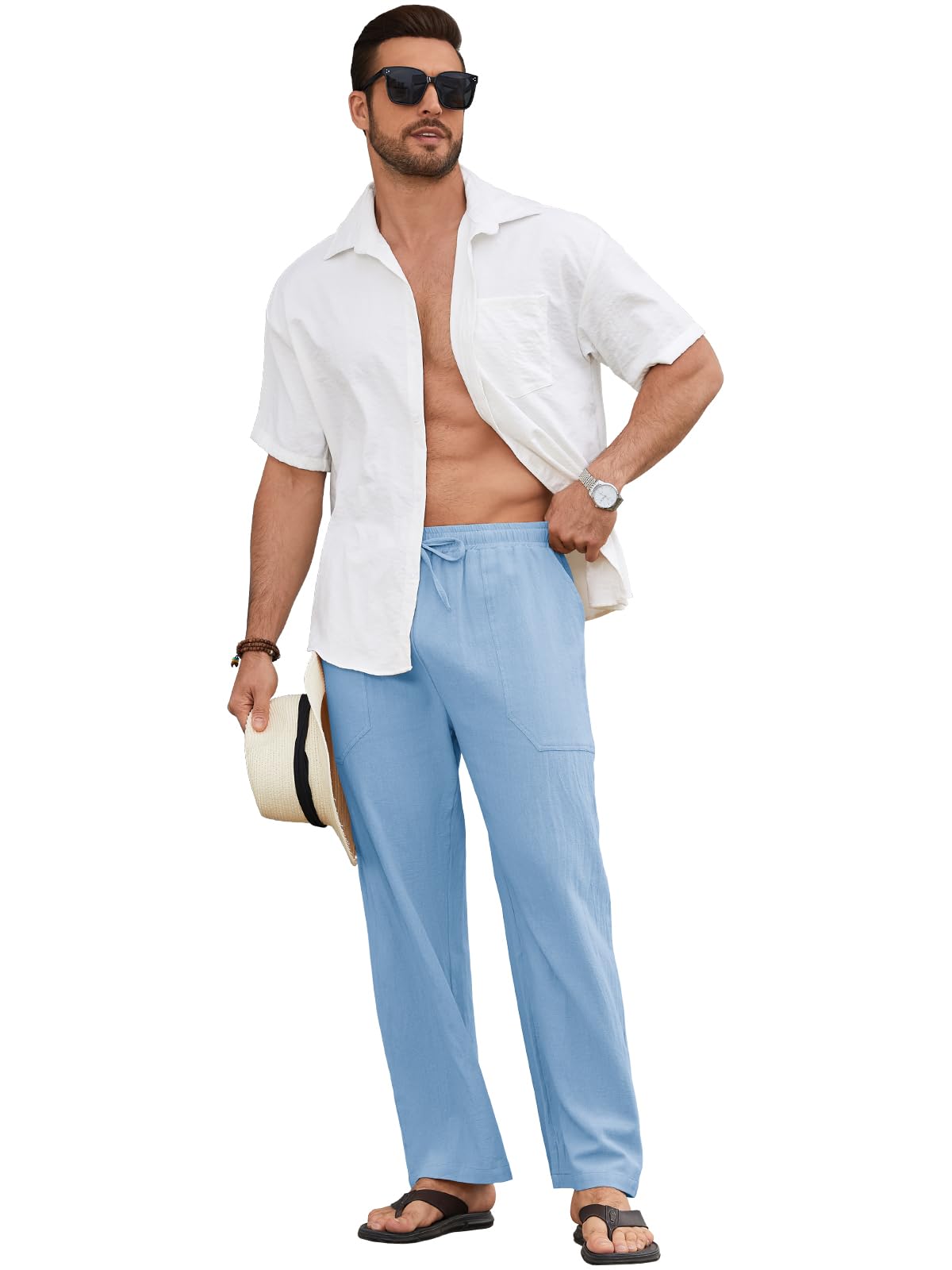 Pantalón Lino Hombre Verano de Mezcla Algodón y Lino Ligero Transpirable con Cintura Elástica Cordon y Bolsillos Pantalones de Lino Hombre Corte Largo