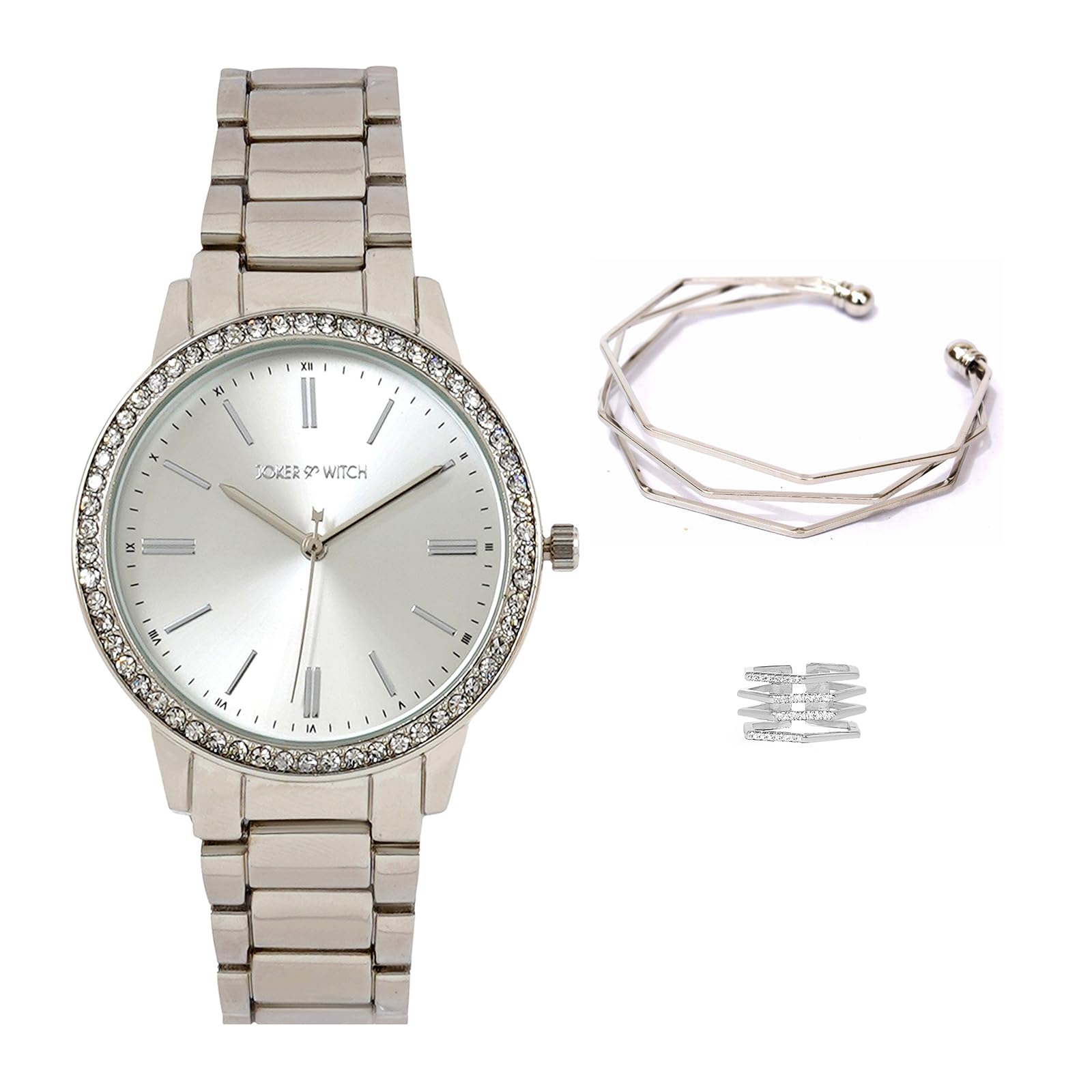 Joker & Witch Stainless Steel Gleaming Stars Love Triangle Womens Analogue Watch Gift Sets, Dial & Band Color: Silver (B0CC4XM7DT) Amazon Price History, Amazon Price Tracker