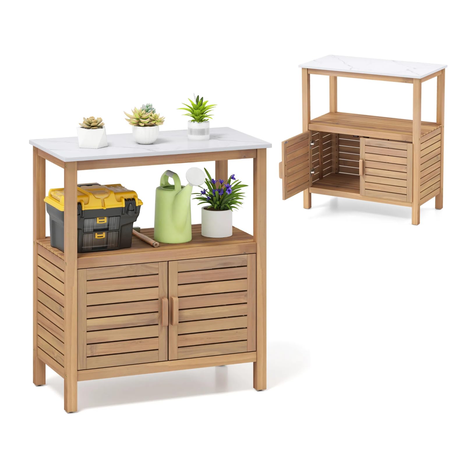 KOMFOTTEU Armoire d’Extérieur en Bois Massif, Meuble Rangement avec Plateforme, Table de Rempotage de Jardin avec Armoire à Porte, 80 x 40 x 90,5 cm, pour Balcon, Entrée, Porche, Cour