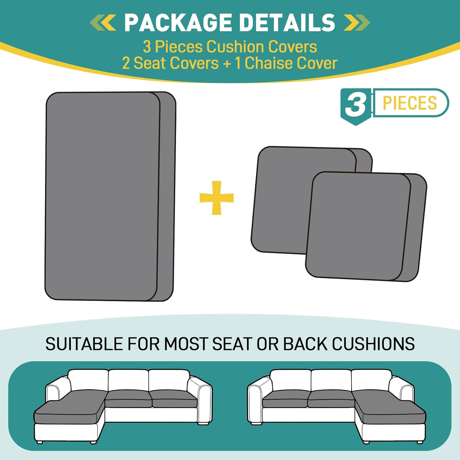Ruaozz Couch Cushion Covers for Sectional Sofa Stretch Seat Cushion Covers Washable Sofa Slipcovers for L Shaped Soft Furniture Protector Pet Friendly (2 PC Seat + 1 PC Chaise Cover, Sage Green)