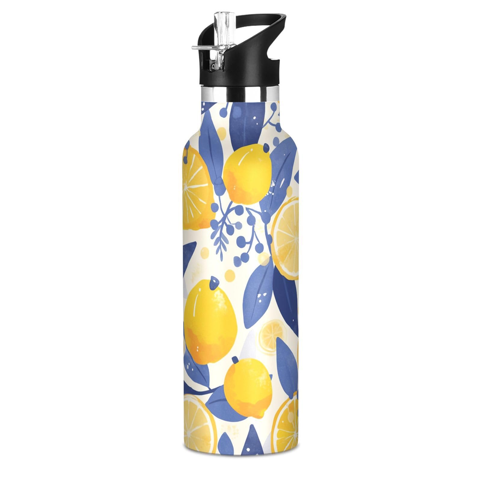 Kaaviyo Boys Pattern Bright Lemons Colorful Leaves Water Bottle Stainless Steel Jug Insulated Vacuum Cup For Girls(600Ml)