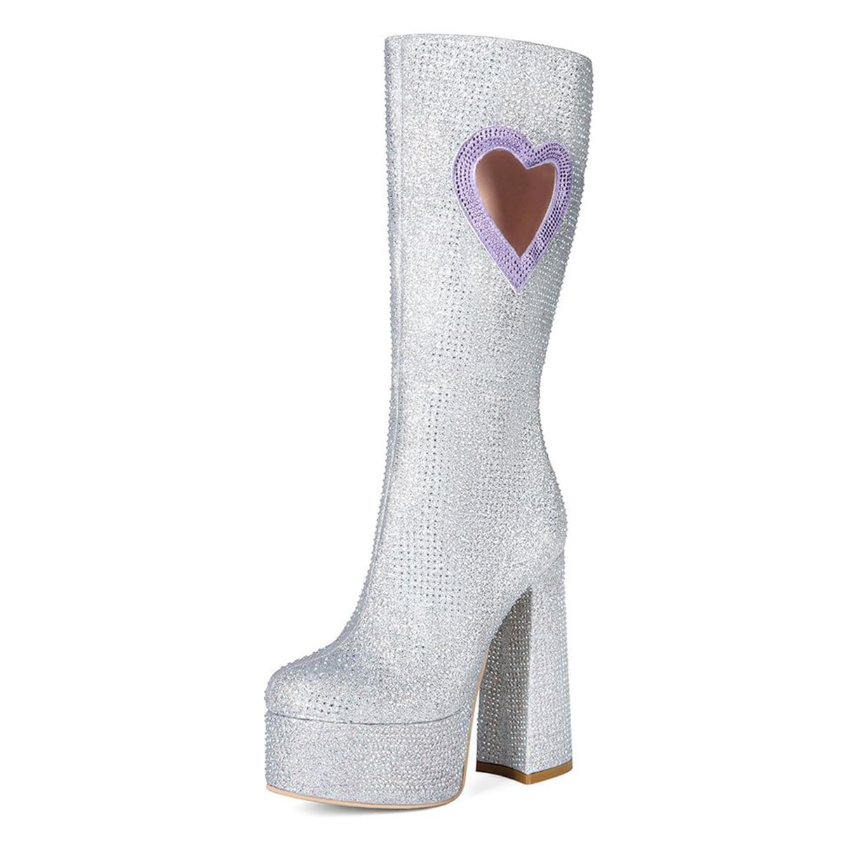 Maiyang Women Gorgeous Studded Rhinestone Round Toe Platform Knee High Boots Side Zipper Peach Heart Chunky High Heel
