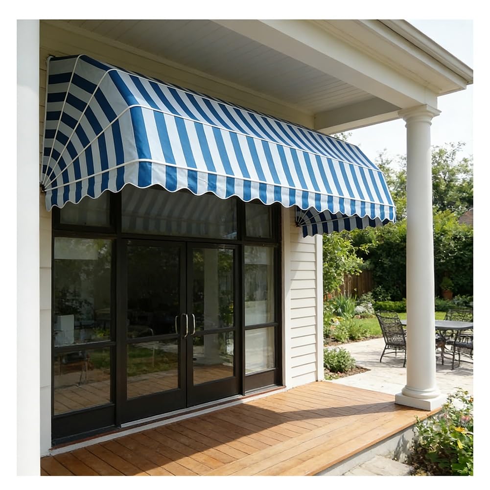 Store banne rétractable manuel bleu et blanc 90x60 cm pour extérieur