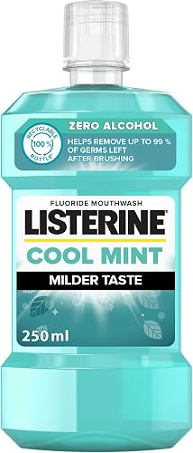 Listerine Cool Mint Mild Mouthwash 250ml, Antibacterial Oral Rinse for Fresh Breath, Kills 99% Germs, Plaque Reduction & Gum Protection, Gentle Daily Oral Care