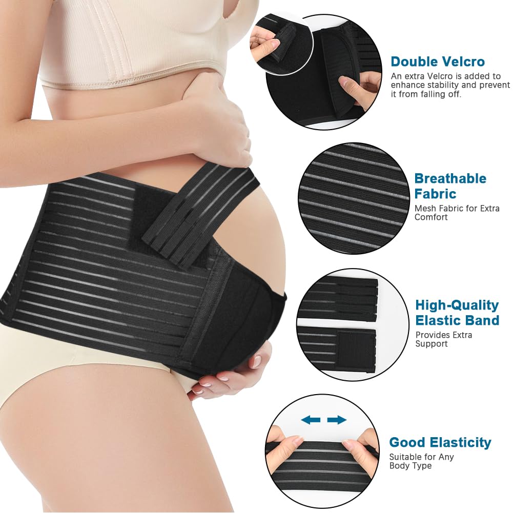 AUYAO Pregnancy Belly Band Maternity Belt Abdominal Binder Maternity Belt, Elastic Pregnancy Support Belt Adjustable Pregnancy Belly Band Pelvic Girdle Belt for Pregnancy Support(Black) — view 3