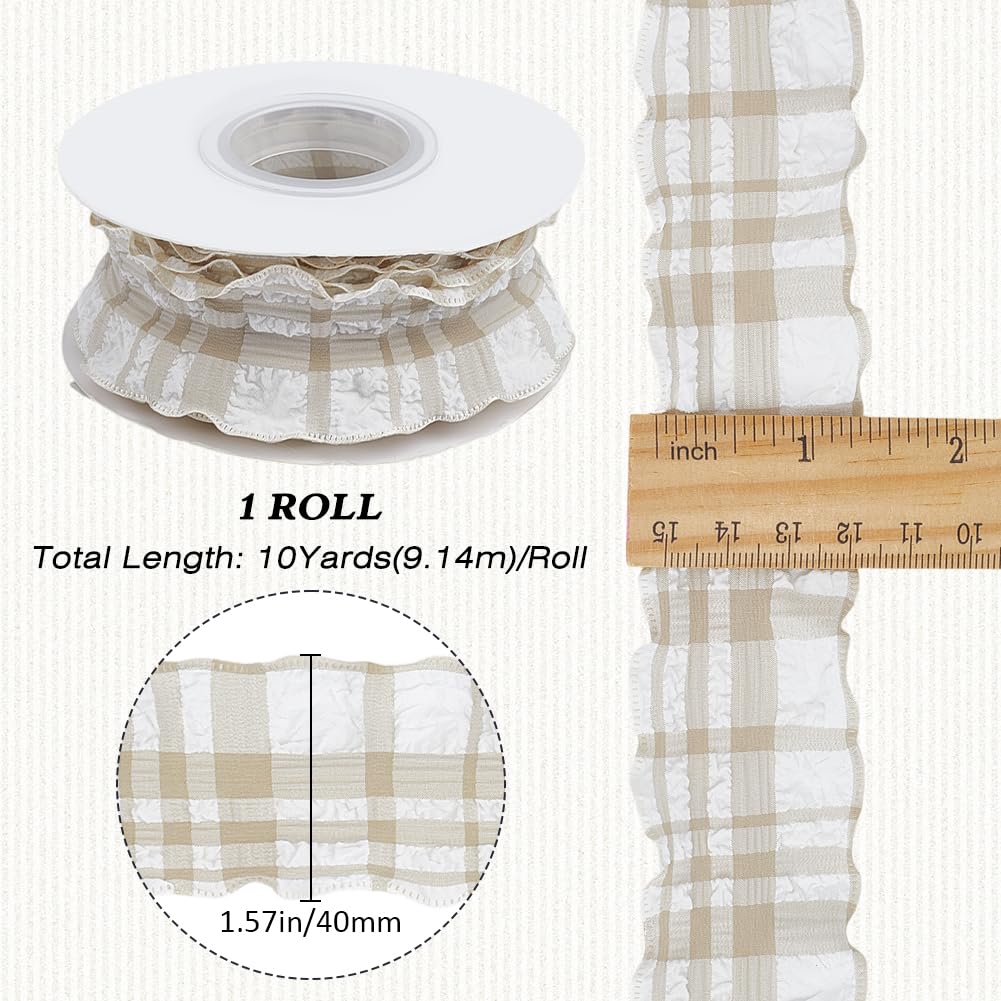 CABODYALS 9.14M 40mm Beige Gingham Plaid Ribbon Checkered Wired Wrinkled Trim Double Chiffon Ruffled Edge Polyester Ribbon with Spool for Gift Wrapping Wedding Invitations Bouquets Christmas Decor - Image 2
