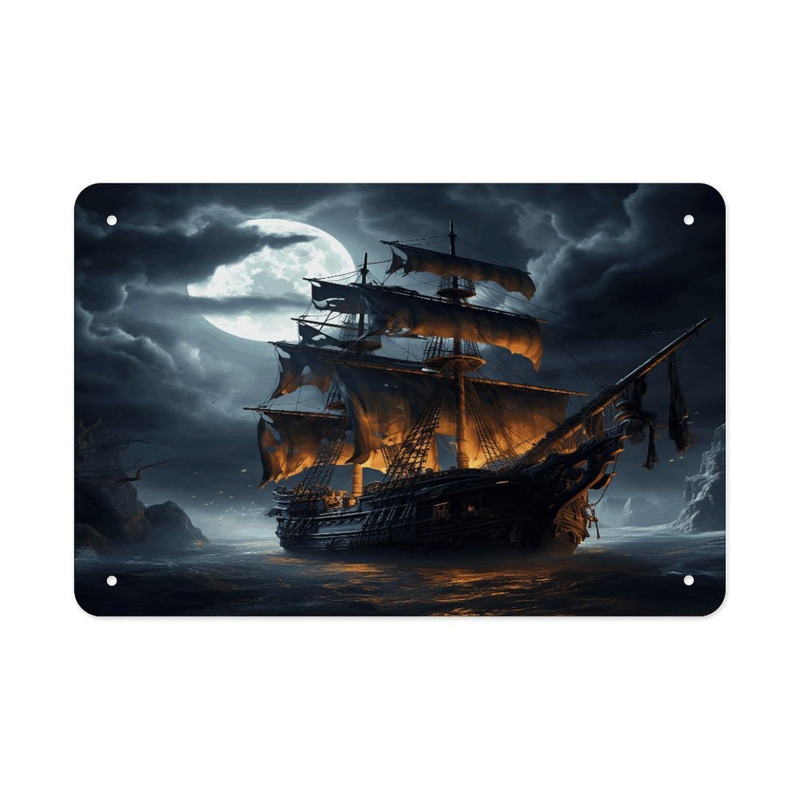 Pirate Sailboat Full Moon Metal Tin Sign 12"x8" Wall Art Prints Poster Decorative Picture Metal Signboard Decor Painting Folded Edge Iron Sheet Painting with Holes for Wall Decor