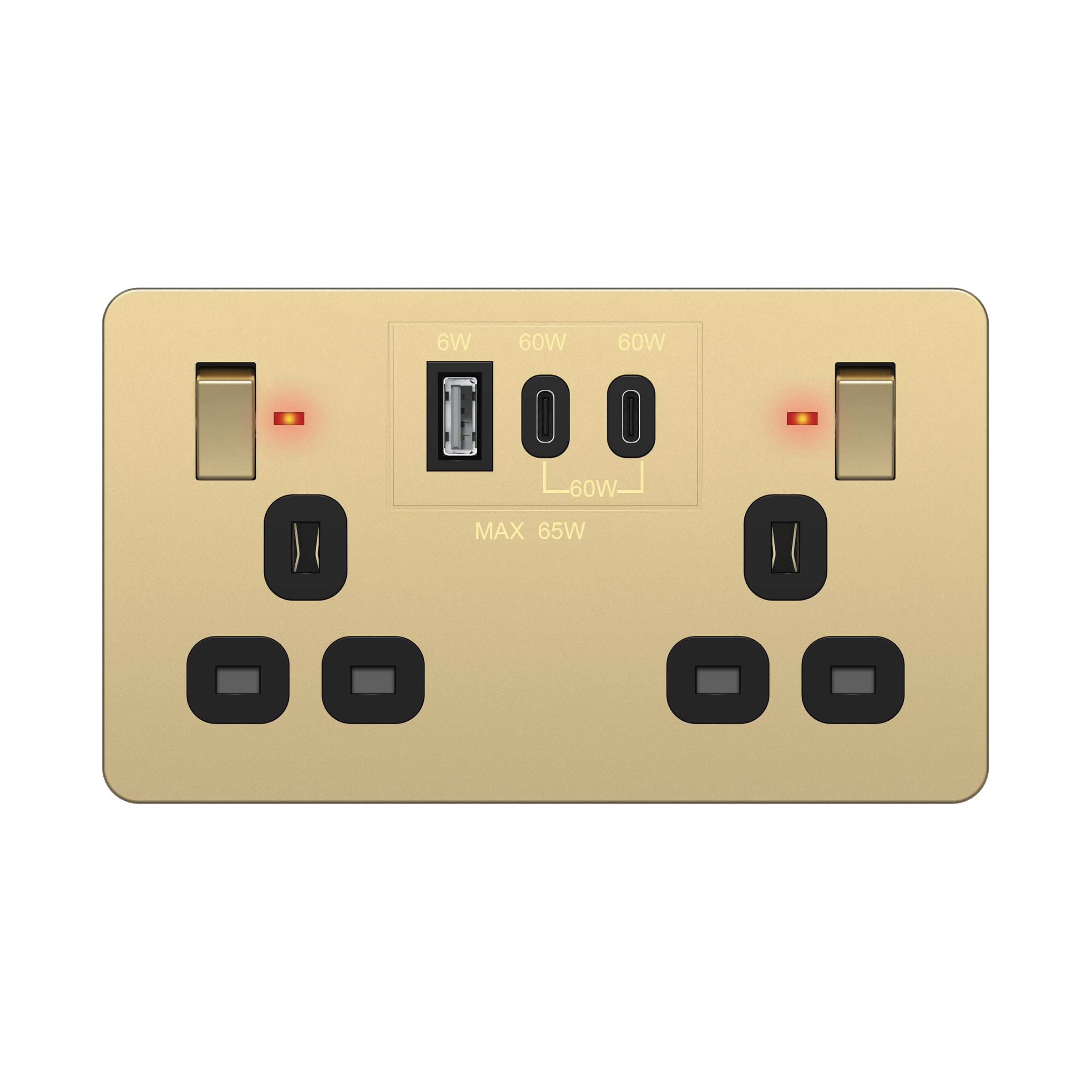 LIDER 2-Gang Switched 13A Socket with USB TYPE C & A, LED Power Indicator, Power Delivery Fast Charging, Total Output 65W, PD 60W Max USB-C Output, UKCA Certified, Gold (Use a 35mm-deep back box) โ image 1