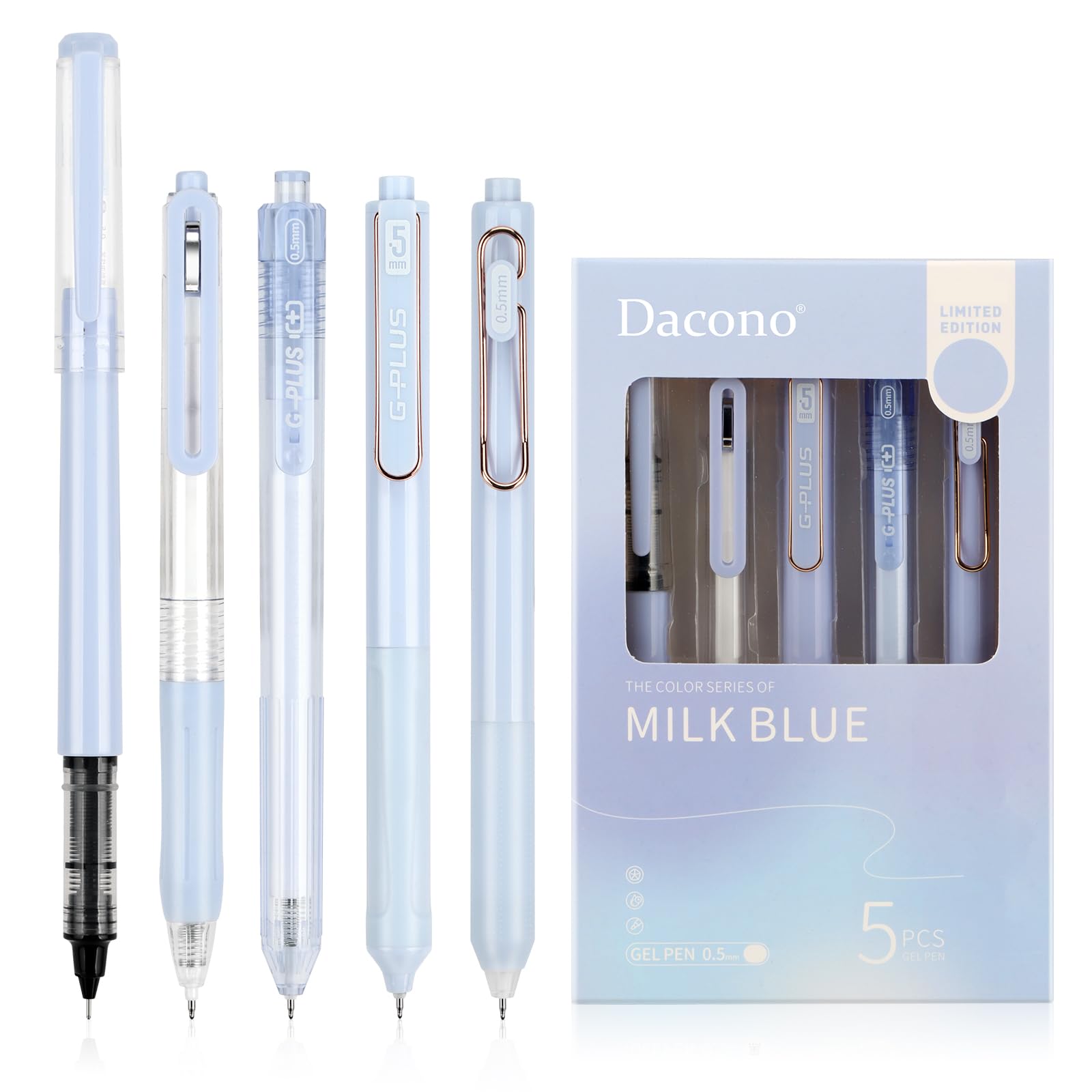 Dacono Pack of 5 Gel Pens Rellighter Set de Escritura de Resaltador, Bolígrafos de Gel Negro Retráctil Estética, Estilo Azul de Breeze - Bolígrafo 0.5 mm Perfecto para Estudiantes