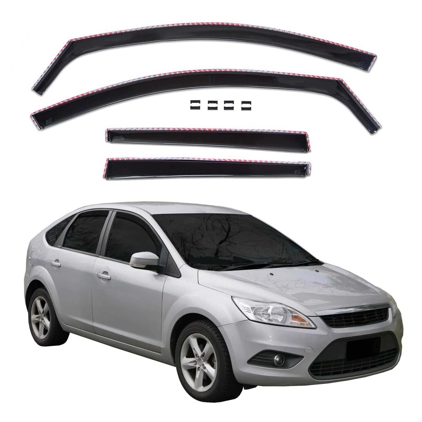 J&J AUTOMOTIVE GD Déflecteurs d'air et de Vent pour Ford Focus 2 4P. Berline, Tricorps 2005-2010, 4pcs, Teintés, Avant et Arrière, Aérodynamique
