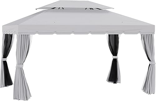 Outsunny Cenador de patio de 10 x 13 pies, techo de poliéster de 2 niveles, toldo ventilado, malla, marco de aluminio portátil para exteriores, gris