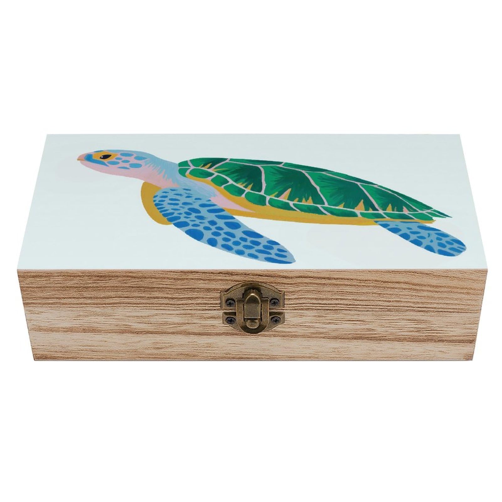 asbwuo Sea Turtle Green Blue Wooden Storage Box with Hinged Lid