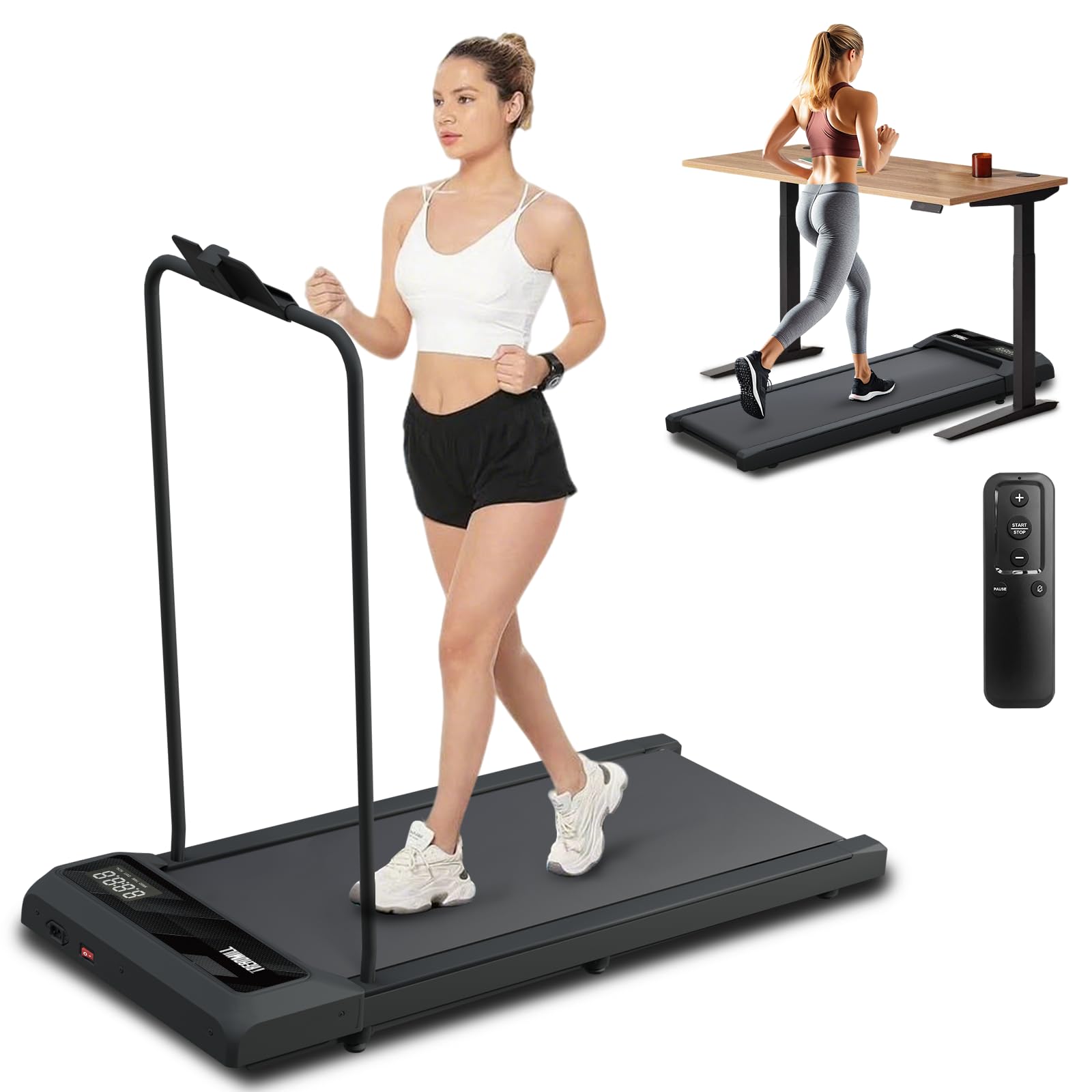 Canisflax Treadmill with Handle Bar, 2.5HP Walking Pad with Handle, Portable Under Desk Treadmill for Home Office, 300LBS Capacity, Adjustable Incline, Large LED Display, Remote Control