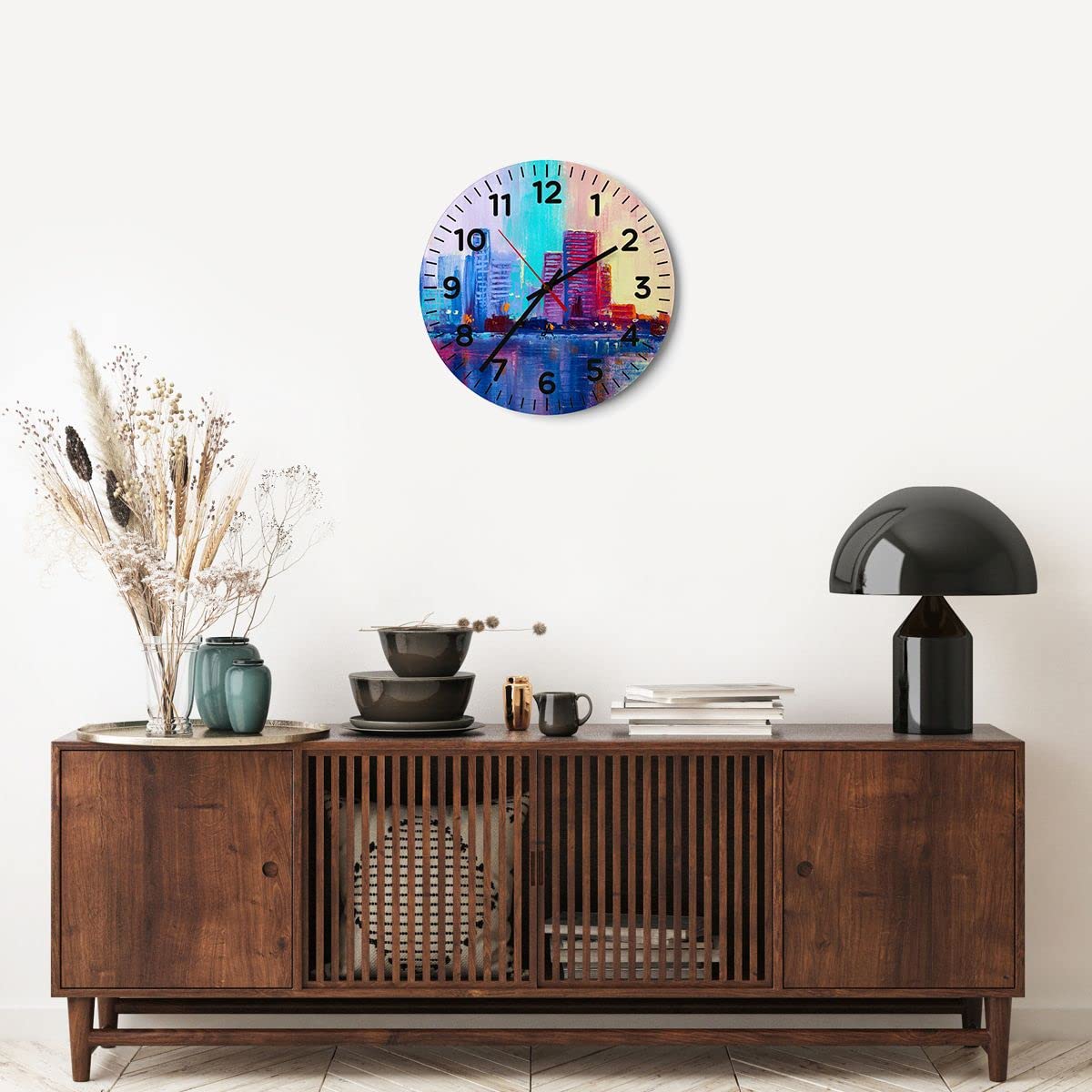 ARTTOR Zegar ścienny na szkle 40x40 cm Nowoczesny miasto dom ulica Cichy zegar na ścianę Sypialnia Kuchnia Deko Dekoracja ścienna Salon Wall Clock Dekor Duży C4AR40x40-4023