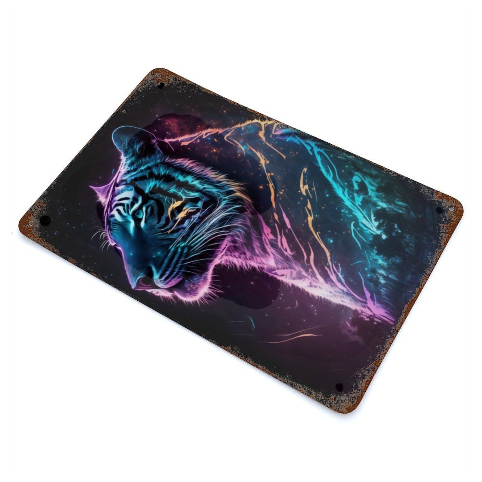 Synthwave Tiger Distressed Metal Wall Sign 11.8"x7.9", Industrial Home Decor for Garage, Pub Or Kitchen