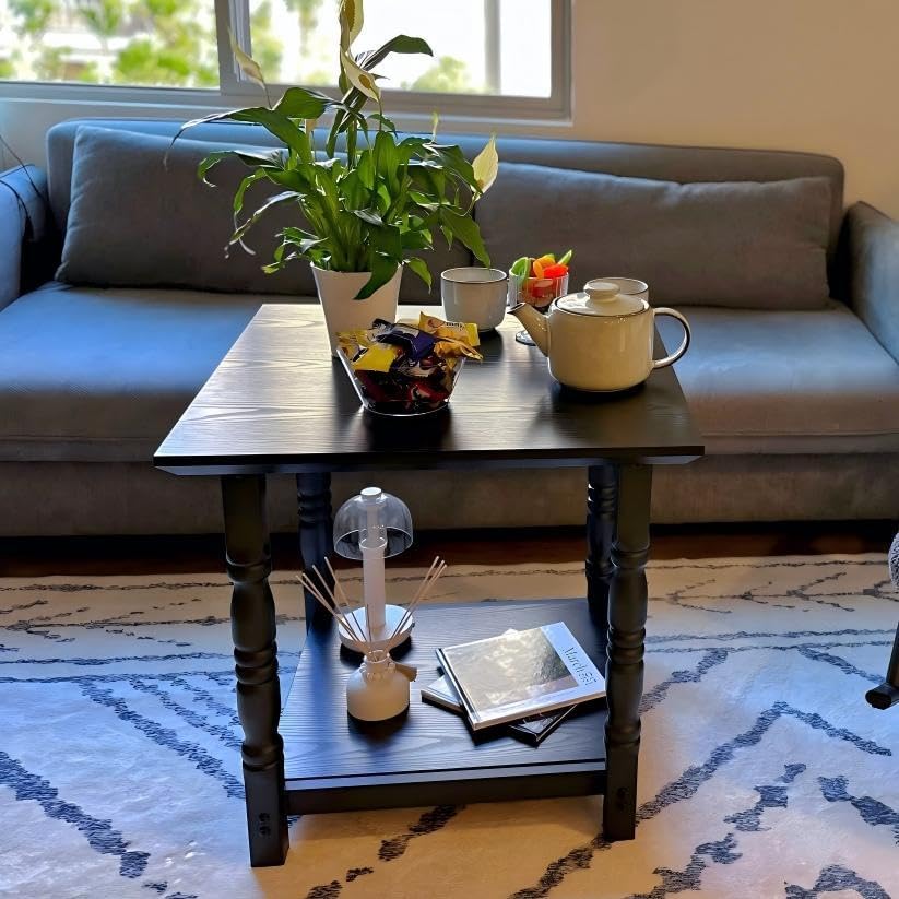 Farmhouse Square Coffee Table, Antique Accent Side Table with Floor Shelf, 23.6"x 23.6" Living Room Furniture, Black