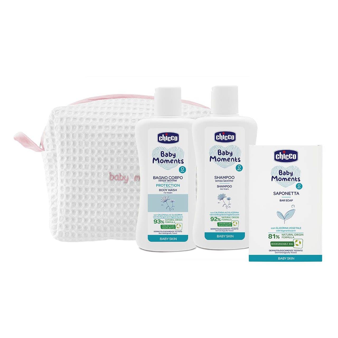 Chicco Baby Moments Set Igiene Neonato, Set Comprende Bagno Corpo, Shampoo E Saponetta, Adatto Per Pelli Sensibili Dei Bambini, BeautyBauty Bag con Zip, Idea Regalo, Cofanetto Regalo, 0 Mesi+