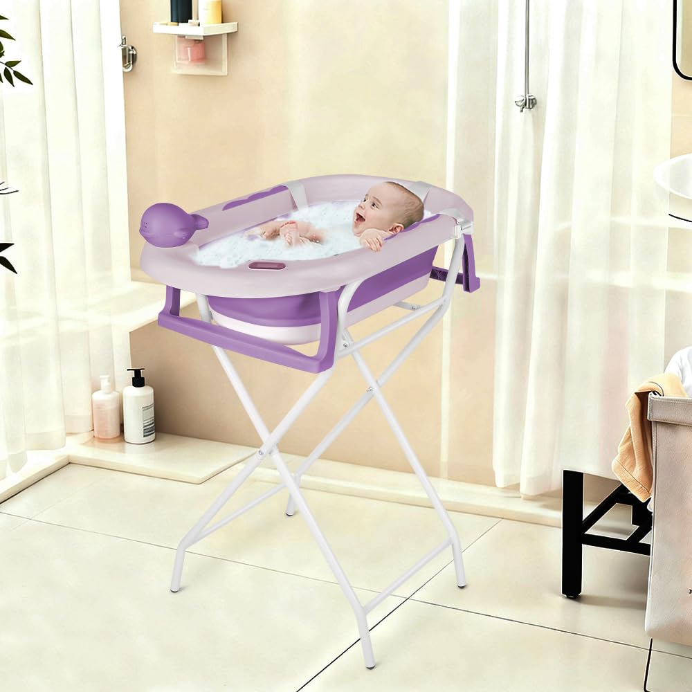 Bañera Bebé, con cojín, bañera plegable para bebés con termómetro digital, para bebés de 0 a 24 meses (morado - con soporte)