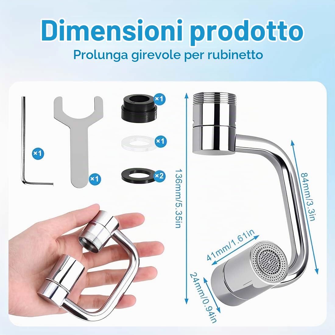 Rubinetto Rotante 1080 Gradi, Prolunga Rubinetto Allungabile con Rotazione, Snodo per Estensione Lavandino Cucina in Ottone, Areatore Rompigetto con Filtro Antispruzzo, Con chiave inglese