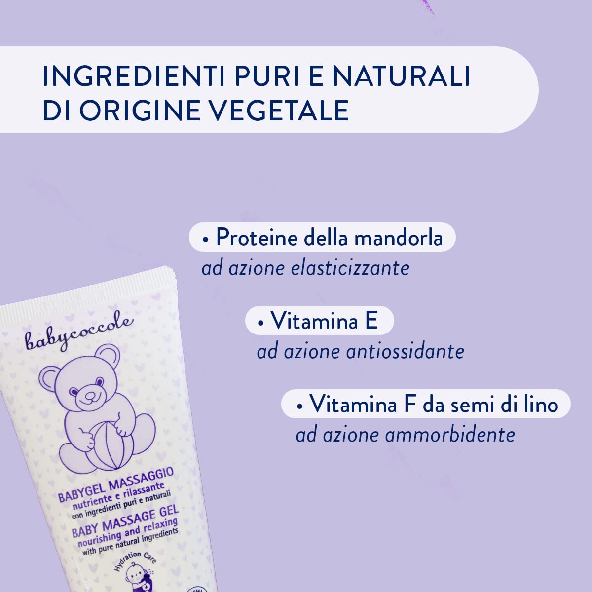Babycoccole BABY GEL MASSAGGIO con Olio di Mandorla per Neonati e bambini. Idratante e Rilassante. Dermatologicamente Testato, Per Pelli delicate. Ingredienti Puri, Naturali di Origine Vegetale - 75ml