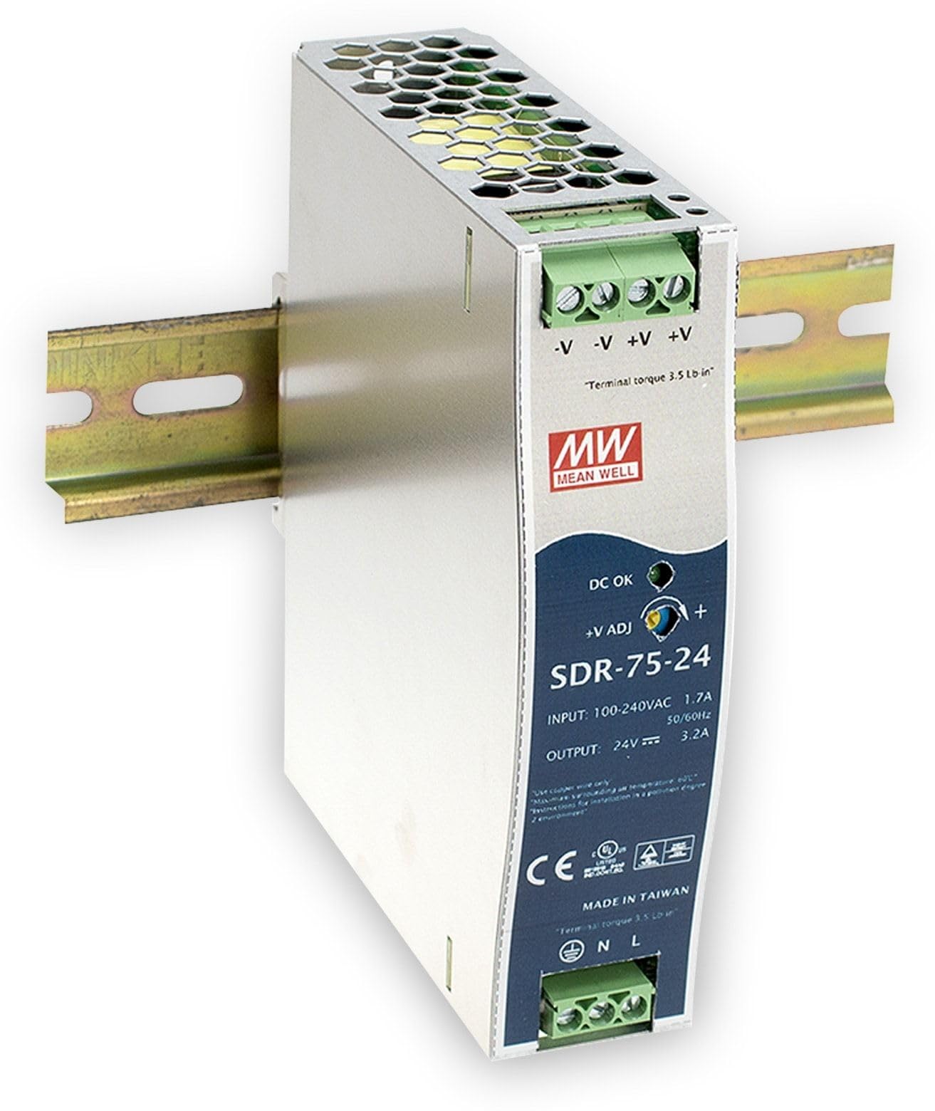 MEAN WELL SDR-75-12 Single Output Industrial DIN Rail Power Supply, 12 Volt, 6.3 Amp, 75.6 Watt