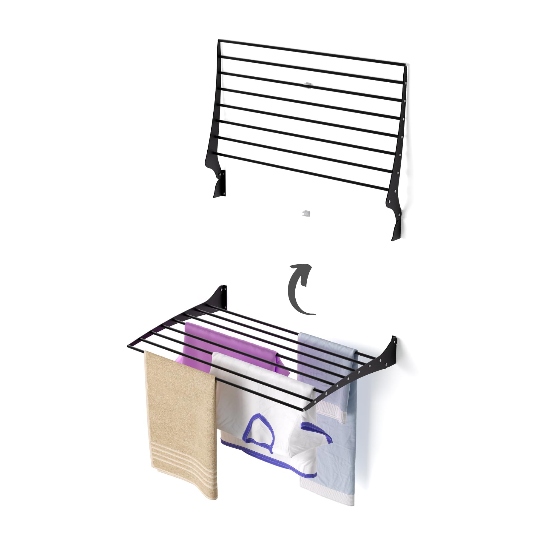 Foxydry Black - Closing Upwards Fold Wall Mounted Clothes Drying Rack, Black Folding And Rebaltable For Indoor Or Outdoor Aluminium And Steel 80X50x57 Cm / 31.5X19.6x22.4 In (80 Cm, Black)
