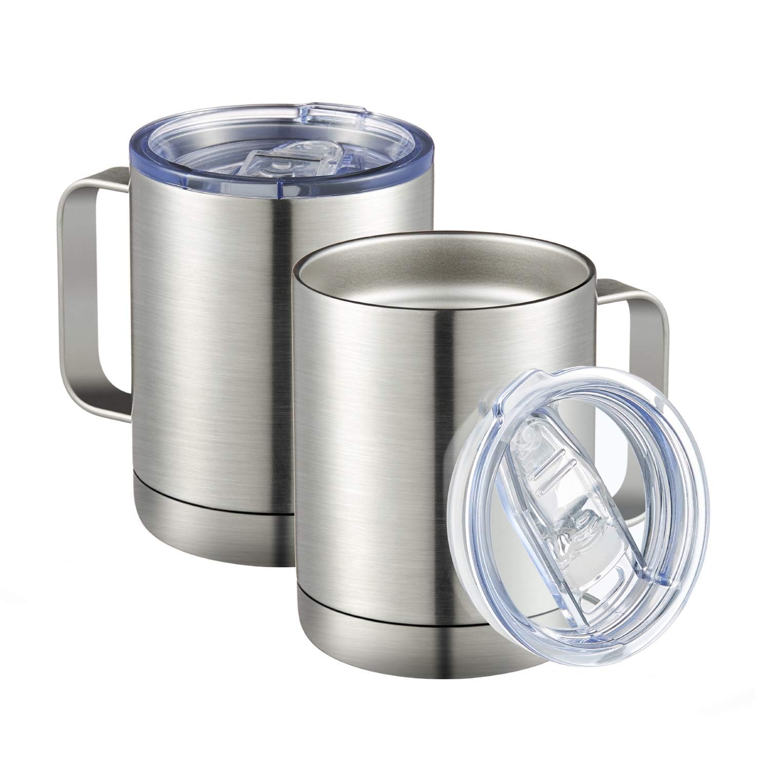 MEWAY Kubek do kawy 350 ml z uchwytem, 2 sztuki luzem, izolowane kubki podróżne ze stali nierdzewnej z przesuwaną pokrywką, próżniowy kubek kempingowy z podwójną ścianką do gorących i zimnych napojów herbaty (srebrny, zestaw 2 szt.)