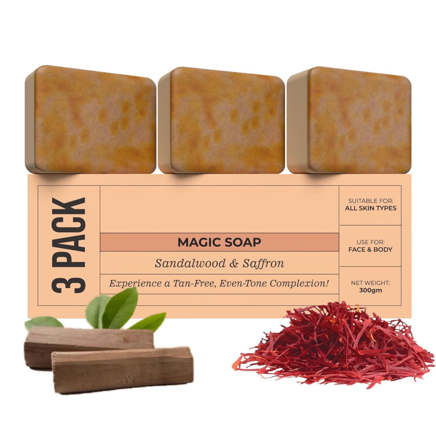 Ghar Ka Soap Sandalwood & Saffron Magic Soaps For Bath (300 Gms Pack Of 3) | Paraben Free | Chandan & Kesar Bath Soap | Handmade Soaps For Glowing | Skin Brightening Soap For Men & Women