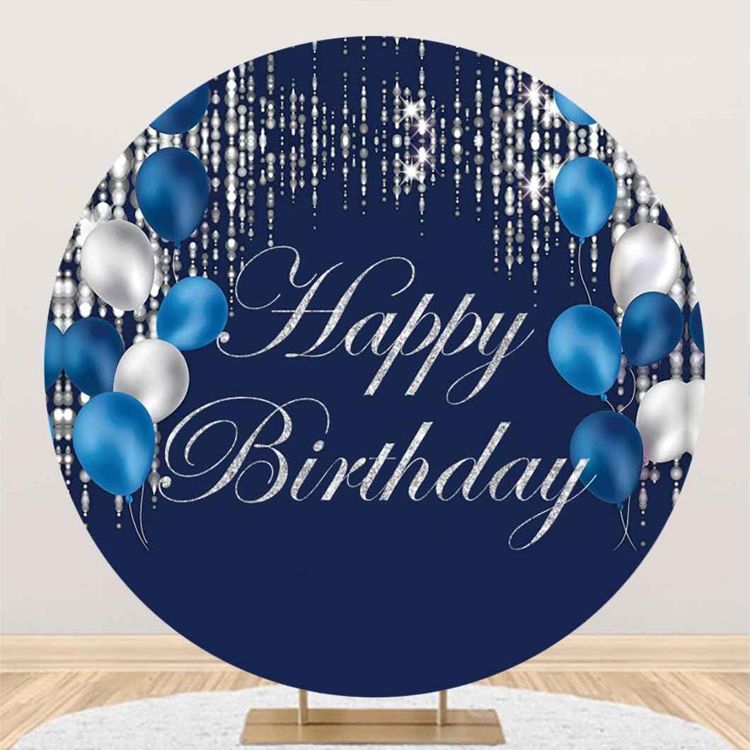 Leyiyi 6.5x6.5ft Navy Blue and Silver Happy Birthday Round Backdrop Cover Blue Silver Balloons Glitter Bokeh Photography Background Luxurious Silver Sparkle Dots Kids Adults Birthday Party Photo Props