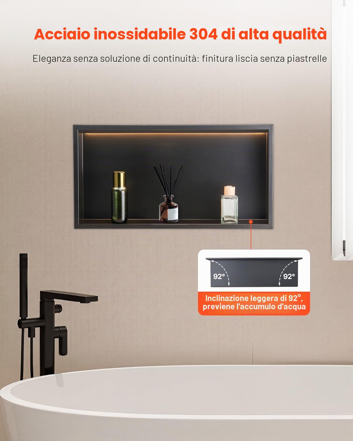 VEVOR Nicchia per Doccia, 33,0 x 63,5 x 10,2 cm, Nicchia in Acciaio Inossidabile da Incasso a Parete con Striscia LED, Porta Sapone e Shampoo, Sigillato Impermeabile, Singolo Strato, Nero