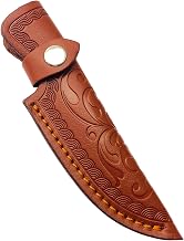 Funda de cuero para cuchillo de 6 pulgadas, color marrón, con hermosos tallados y cierre a presión para estuche, tienda y cuchillo horizontal. Funda de cuero para