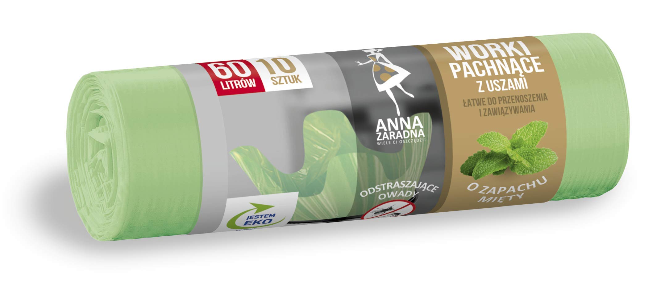 ANNA ZARADNA ST-AZ-038107 Rubbish Bag with Handles 60 l Strong | Pack of 10 | Mint Scent | Garbage Bag Garbage Bag Garbage Bag for Household Waste Office Made of HDLD Film Colour Green