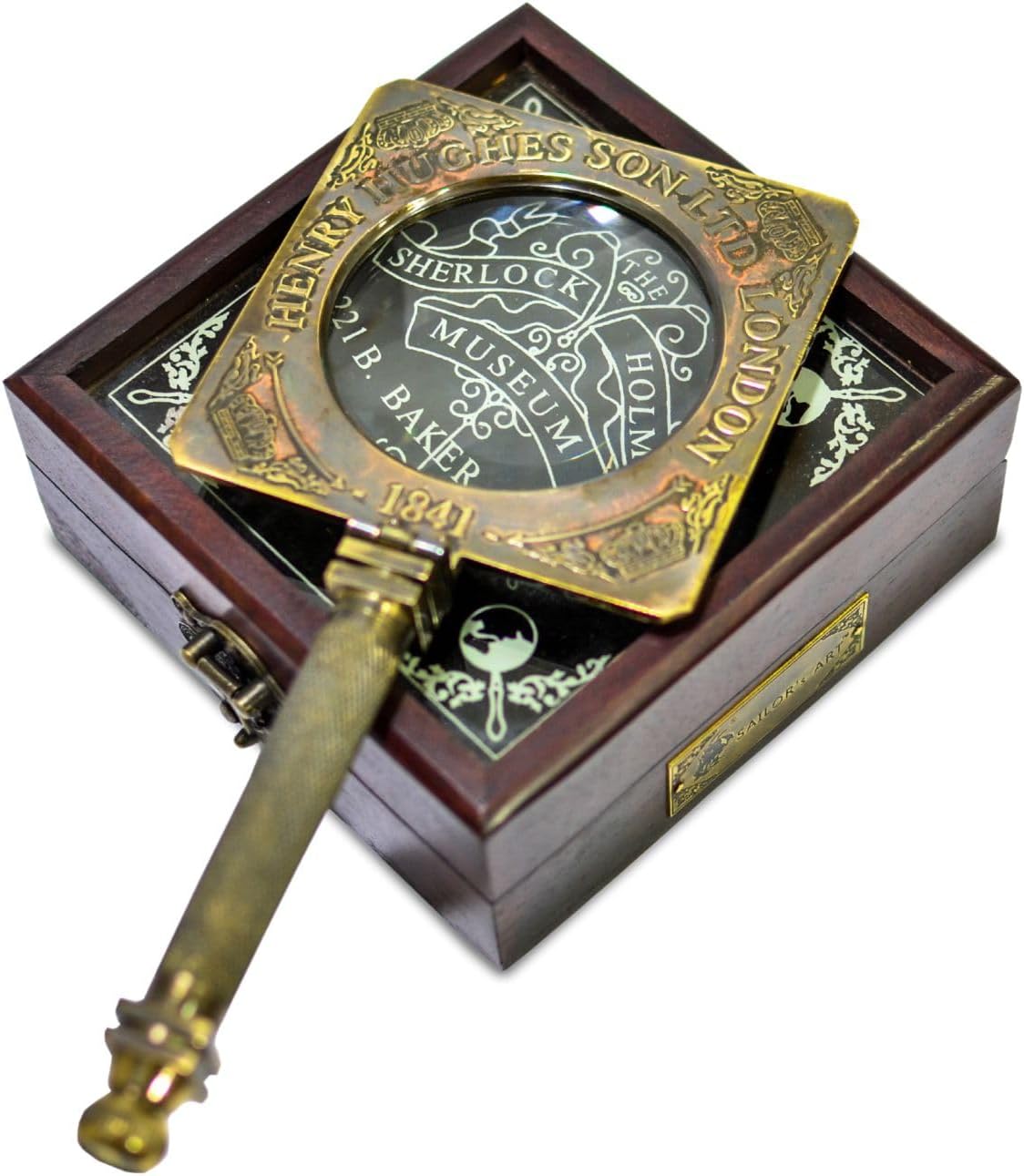 Sailor's Art Antique Brass Sherlock Holmes Fancy Magnifying Glass Handheld Decorative Handle with Wooden Box- Consulting Detective Home Decor- Decorative Design Science Students Detective kit
