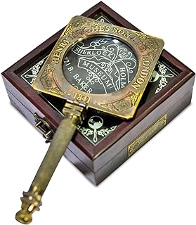 Antique Brass Sherlock Holmes Fancy Magnifying Glass Handheld Decorative Handle with Wooden Box- Consulting Detective Home Decor- Decorative Design Science Students Detective kit
