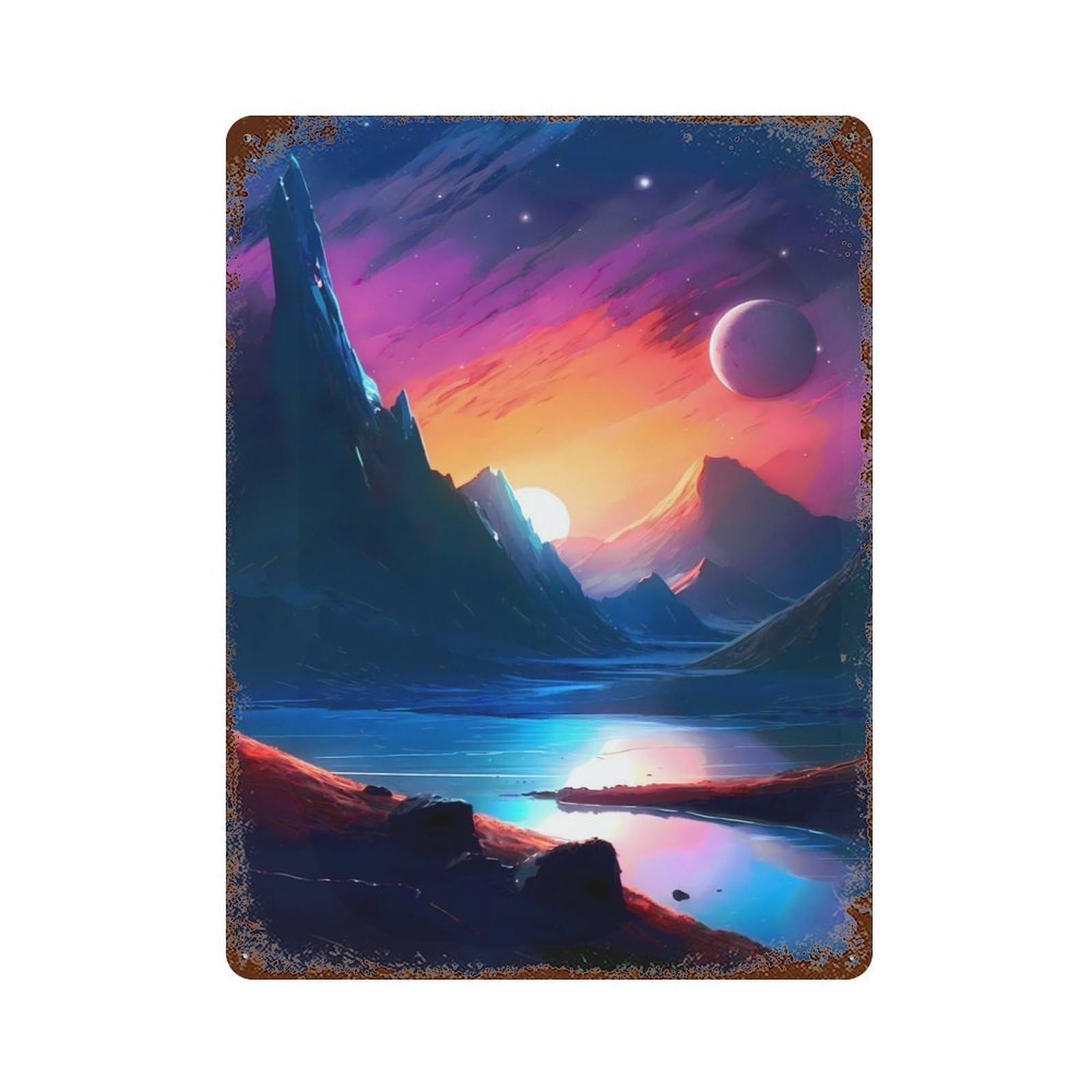 Decorative Tin Sign Twilight Mountain River 15.7"x11.8", Decorative Metal Wall Art for Garage, Bar And Workshop Decor