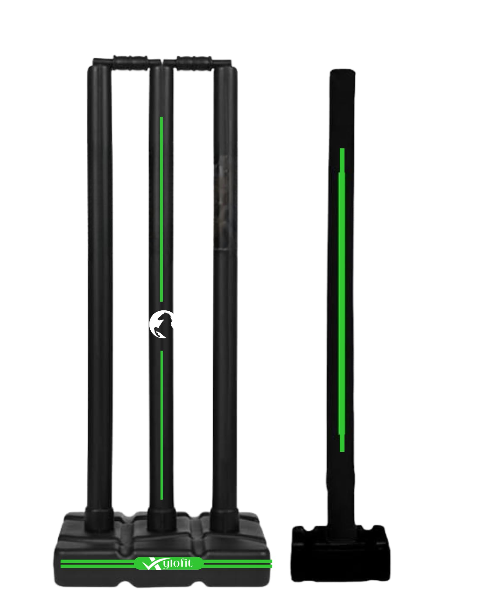 Heavy Cricket Stumps | Wickets Set with 4 Stumps + 2 Bails + 2 Stands | Full Size Plastic Wickets for Cricket Ground, Tournament Wicket. (Black-Green)