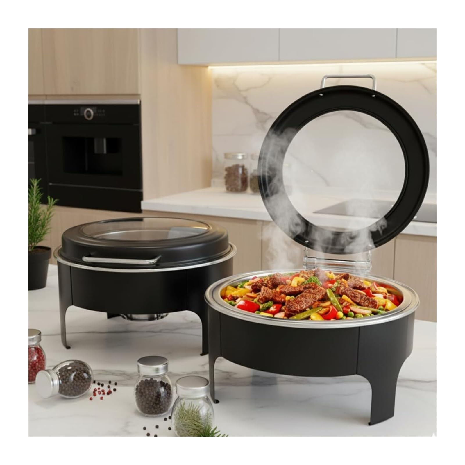 Scaldavivande neri rotondi in acciaio inossidabile Cucina a buffet | Buffet for Feste con Coperchio Idraulico Trasparente, Scalda Buffet