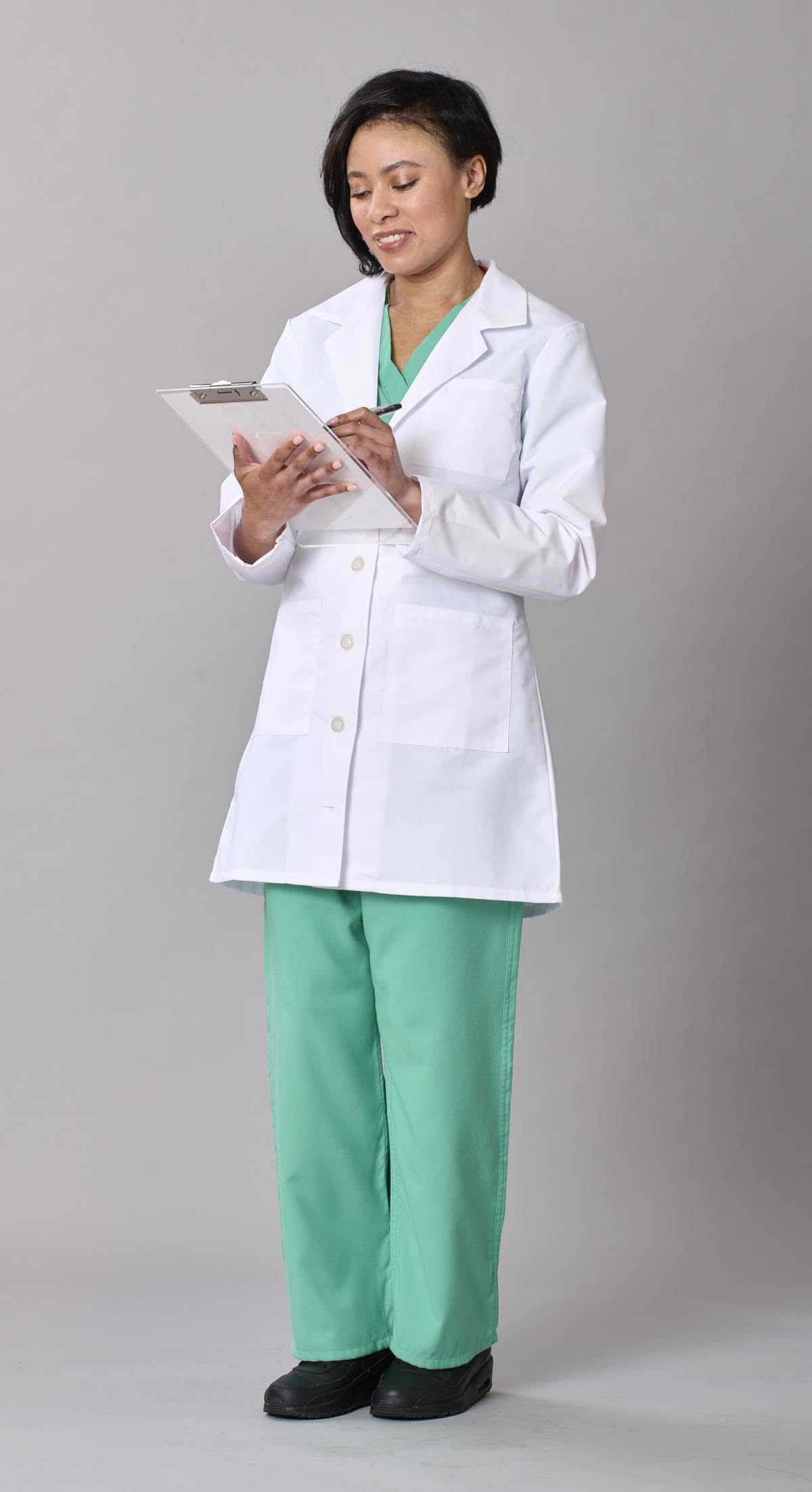 Medline Women's Lab Coat, Staff Length, 5-Button Front with Long Sleeves, 3 Functional Pockets & Reinforced Pen Pocket, Professional Medical Coat for Women, White, Small, 1 Count