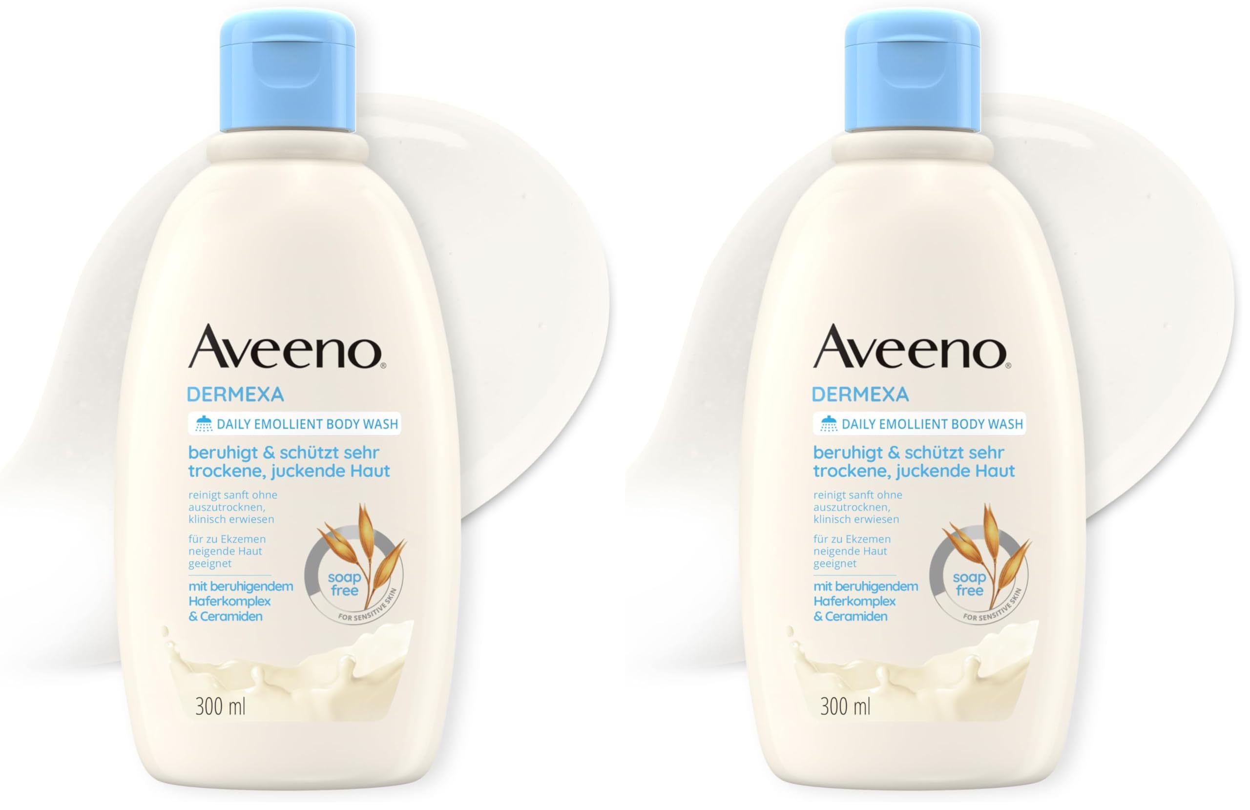 Aveeno Dermexa Crema de ducha vegana sin jabón, 300 ml, con complejo de avena calmante para pieles muy secas, picantes, sensibles y propensas a eccemas neurodermatitis (Paquete de 2)