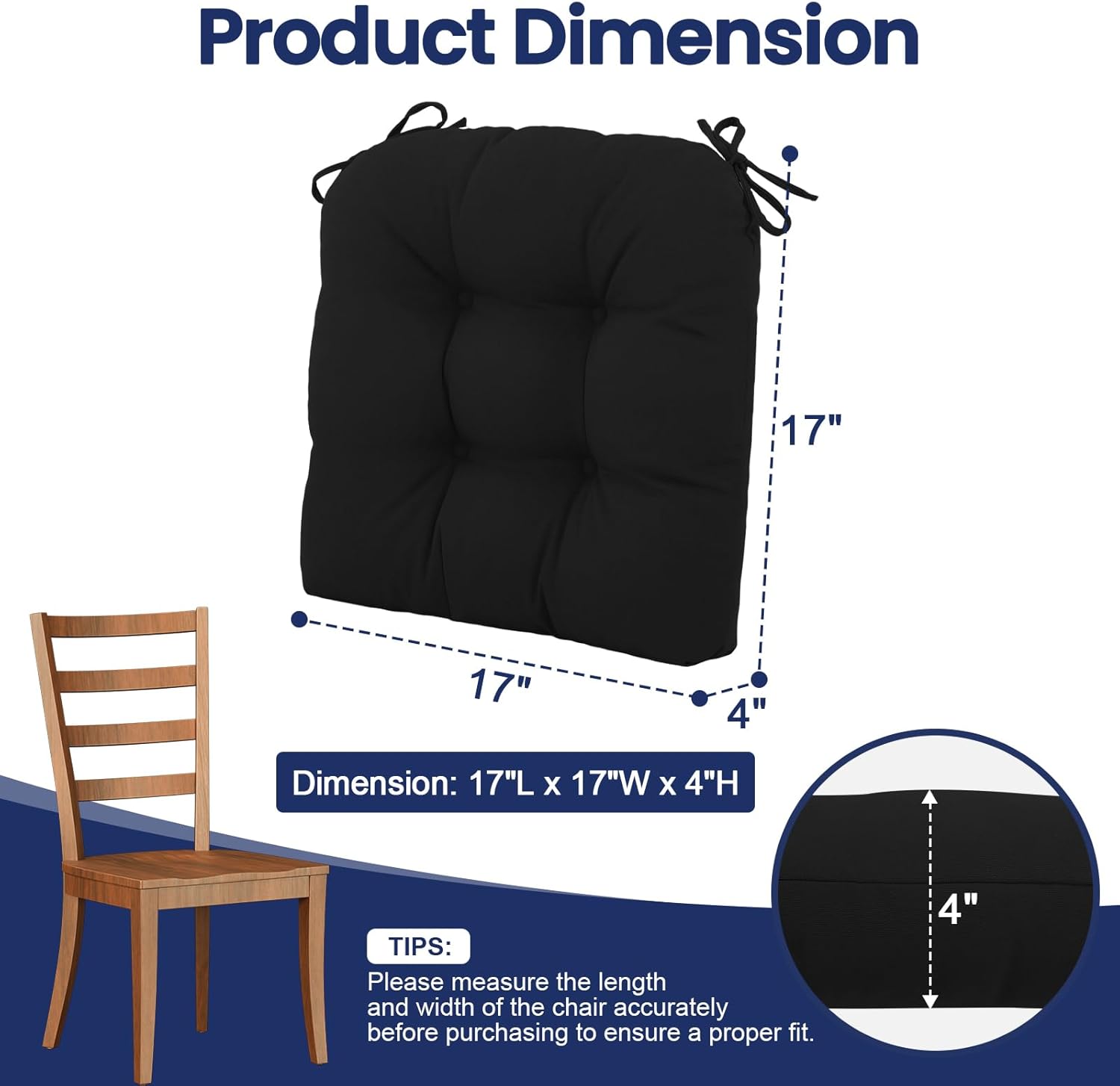 idee-home Outdoor Chair Cushions Set of 4, Patio Chair Cushions Thick 17 x 17 x 4 Inch Tufted Seat Cushions for Outdoor Furniture Waterproof with Ties, Dining Pads Black