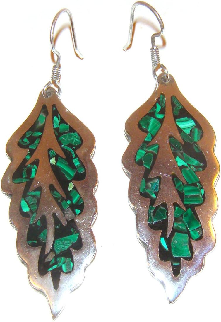 TAXCO .925 Sterling Silver Handcrafted Leaf Earrings w/Malachite & Onyx Inlays